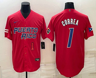 Men%27s Puerto Rico Baseball #1 Carlos Correa Number 2023 Red World Baseball Classic Stitched Jersey->2023 world baseball classic->MLB Jersey